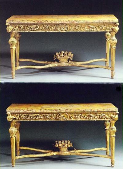 Extraordinary Pair of Italian 18th Century Carved Giltwood Console Tables
