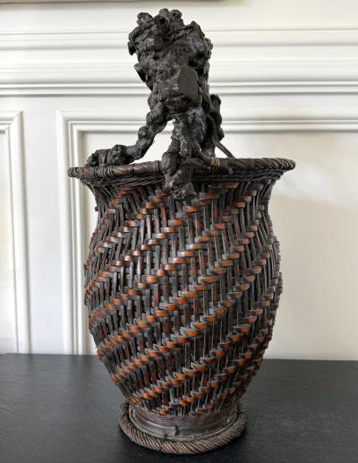 Extraordinary Smoke Bamboo Basket with Wisteria Root Handle Meiji Period