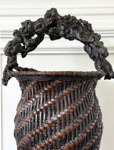 Extraordinary Smoke Bamboo Basket with Wisteria Root Handle Meiji Period