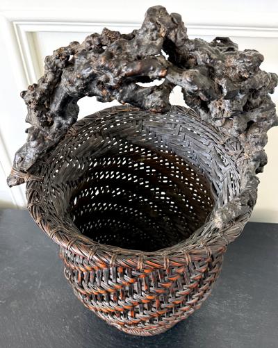 Extraordinary Smoke Bamboo Basket with Wisteria Root Handle Meiji Period