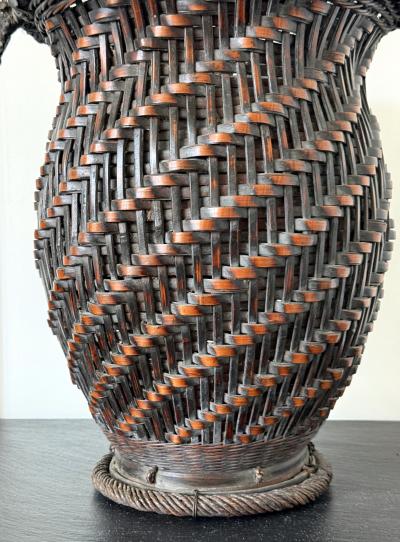 Extraordinary Smoke Bamboo Basket with Wisteria Root Handle Meiji Period