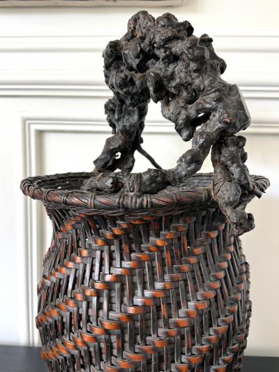 Extraordinary Smoke Bamboo Basket with Wisteria Root Handle Meiji Period