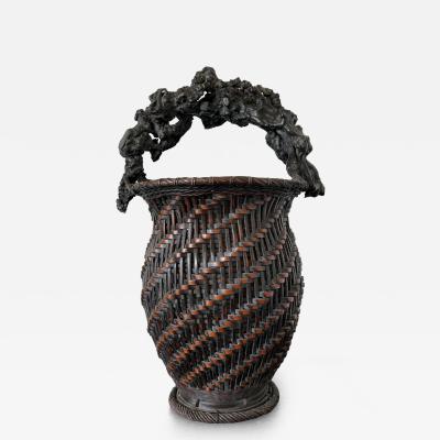 Extraordinary Smoke Bamboo Basket with Wisteria Root Handle Meiji Period