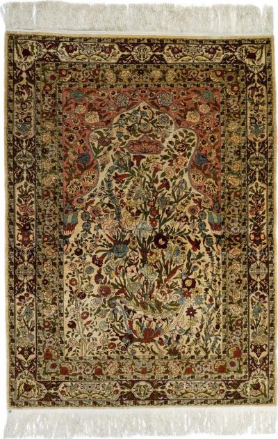 Extremely Fine Antique Turkish Silk Hereke Rug 3 5 x 4 11 