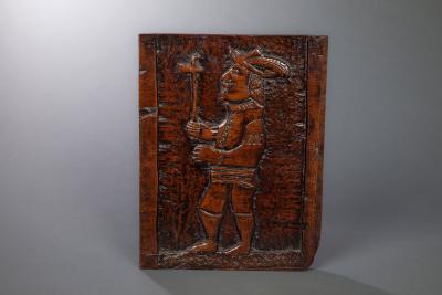 Extrordinary 17th Century Panel Of A European Carrying A Tomahawk