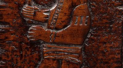 Extrordinary 17th Century Panel Of A European Carrying A Tomahawk