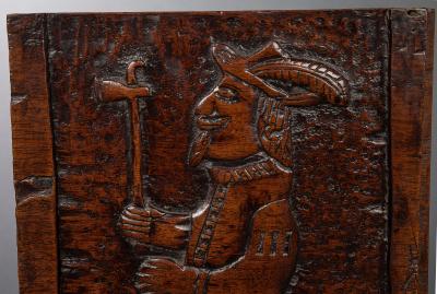 Extrordinary 17th Century Panel Of A European Carrying A Tomahawk