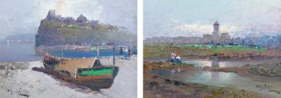 F BALDI Original Oil on Board Impressionist Paintings of Castle Scenes
