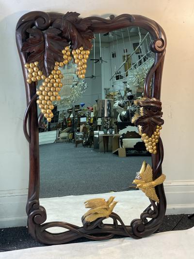 FANTASTICAL CARVED ART NOUVEAU MIRROR WITH GILT GRAPES AND BIRDS