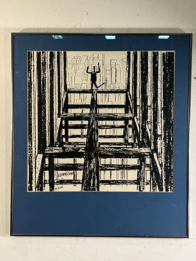 FIGURE ON TOP OF BUILDING BLACK AND WHITE LITHOGRAPH SIGNED