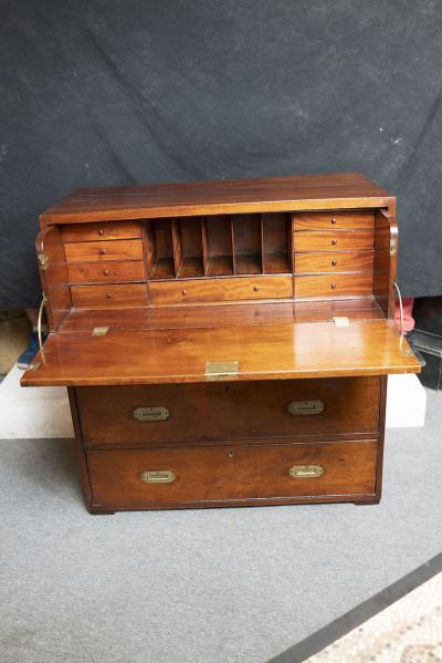 FINE ENGLISH SOLID MAHOGANY CAMPAIGN CHEST SECRETARY
