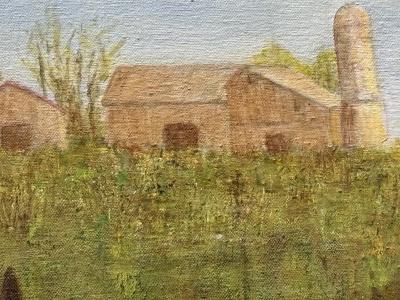 FOLK ART HORSES TILLING FIELD WITH FARMER BARN LANDSCAPE PAINTING