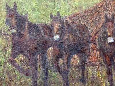 FOLK ART HORSES TILLING FIELD WITH FARMER BARN LANDSCAPE PAINTING