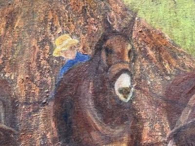 FOLK ART HORSES TILLING FIELD WITH FARMER BARN LANDSCAPE PAINTING