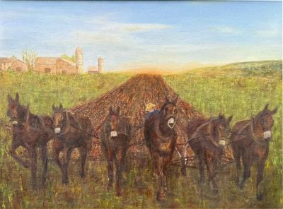 FOLK ART HORSES TILLING FIELD WITH FARMER BARN LANDSCAPE PAINTING