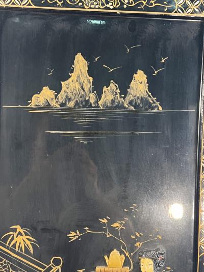 FOUR CHINESE CARVED HARDSTONE HAND PAINTED PANELS OF WOMEN SERVING TEA SCENES