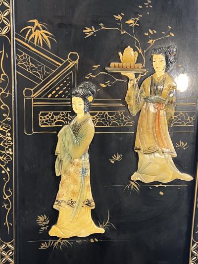 FOUR CHINESE CARVED HARDSTONE HAND PAINTED PANELS OF WOMEN SERVING TEA SCENES