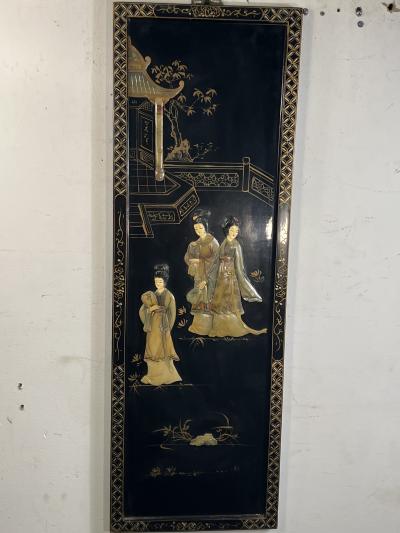 FOUR CHINESE CARVED HARDSTONE HAND PAINTED PANELS OF WOMEN SERVING TEA SCENES