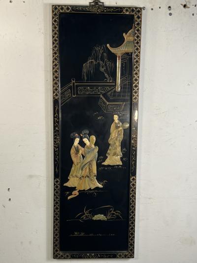 FOUR CHINESE CARVED HARDSTONE HAND PAINTED PANELS OF WOMEN SERVING TEA SCENES