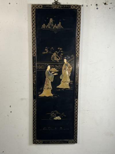 FOUR CHINESE CARVED HARDSTONE HAND PAINTED PANELS OF WOMEN SERVING TEA SCENES