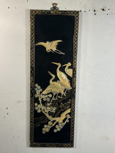 FOUR CHINESE CARVED MOTHER OF PEARL HAND PAINTED STORKS IN TREES WALL PLAQUES