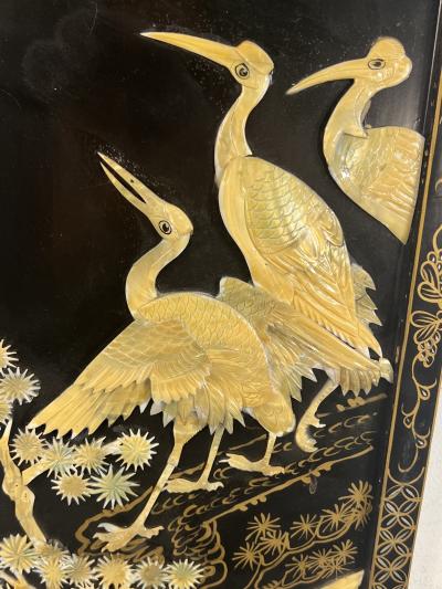FOUR CHINESE CARVED MOTHER OF PEARL HAND PAINTED STORKS IN TREES WALL PLAQUES