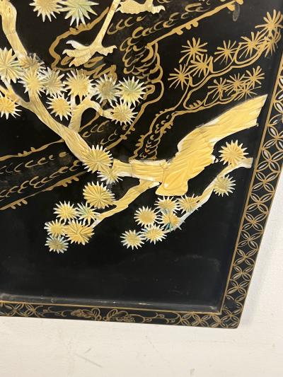 FOUR CHINESE CARVED MOTHER OF PEARL HAND PAINTED STORKS IN TREES WALL PLAQUES