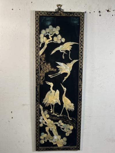 FOUR CHINESE CARVED MOTHER OF PEARL HAND PAINTED STORKS IN TREES WALL PLAQUES