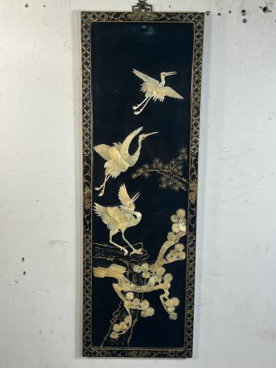 FOUR CHINESE CARVED MOTHER OF PEARL HAND PAINTED STORKS IN TREES WALL PLAQUES