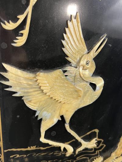 FOUR CHINESE CARVED MOTHER OF PEARL HAND PAINTED STORKS IN TREES WALL PLAQUES