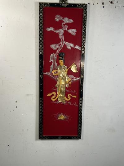 FOUR CHINESE PAINTED CARVED MOTHER OF PEARL PANELS WOMEN IN MARTIAL ART POSE