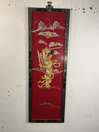 FOUR CHINESE PAINTED CARVED MOTHER OF PEARL PANELS WOMEN IN MARTIAL ART POSE