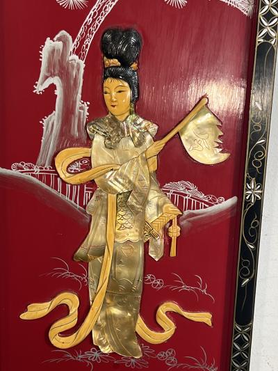 FOUR CHINESE PAINTED CARVED MOTHER OF PEARL PANELS WOMEN IN MARTIAL ART POSE