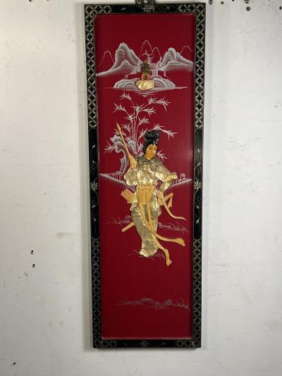FOUR CHINESE PAINTED CARVED MOTHER OF PEARL PANELS WOMEN IN MARTIAL ART POSE