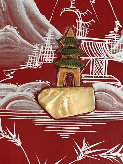 FOUR CHINESE PAINTED CARVED MOTHER OF PEARL PANELS WOMEN IN MARTIAL ART POSE