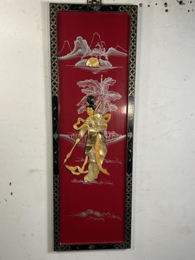 FOUR CHINESE PAINTED CARVED MOTHER OF PEARL PANELS WOMEN IN MARTIAL ART POSE