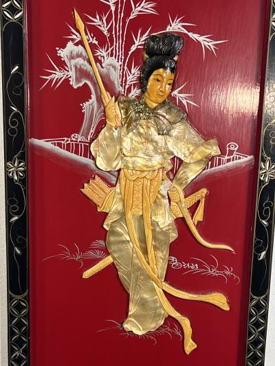 FOUR CHINESE PAINTED CARVED MOTHER OF PEARL PANELS WOMEN IN MARTIAL ART POSE