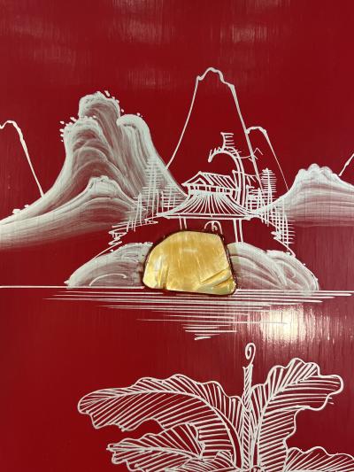 FOUR CHINESE PAINTED CARVED MOTHER OF PEARL PANELS WOMEN IN MARTIAL ART POSE