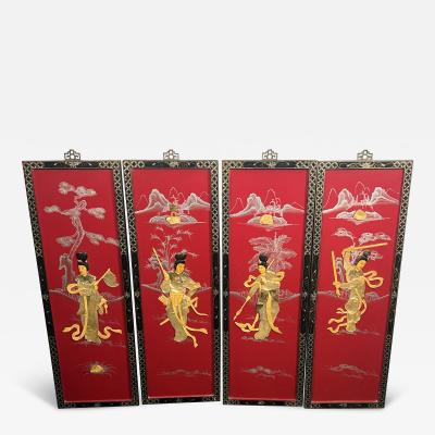 FOUR CHINESE PAINTED CARVED MOTHER OF PEARL PANELS WOMEN IN MARTIAL ART POSE