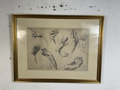 FRAMED MODERN STUDY OF HANDS DRAWING SIGNED DATED