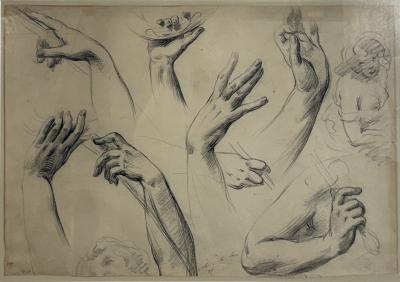 FRAMED MODERN STUDY OF HANDS DRAWING SIGNED DATED