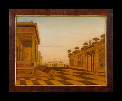 FRANZ RIENTZ A SET OF FOUR RARE MARQUETRY AND PAINTED ARCHITECTURAL VIEWS OF ROME AND VENICE