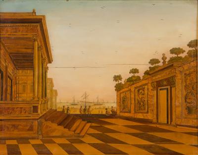 FRANZ RIENTZ A SET OF FOUR RARE MARQUETRY AND PAINTED ARCHITECTURAL VIEWS OF ROME AND VENICE