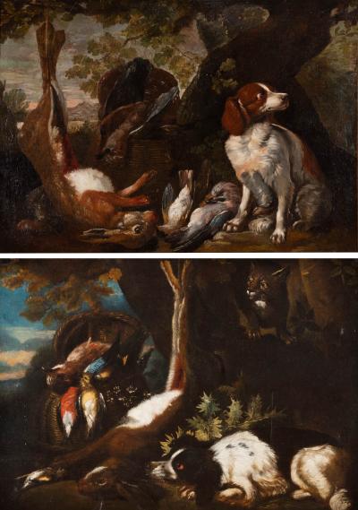 FRANZ WERNER VON TAMM PAIR OF HUNTING STILL LIFE PAINTINGS OF SPANIELS Late 17th century