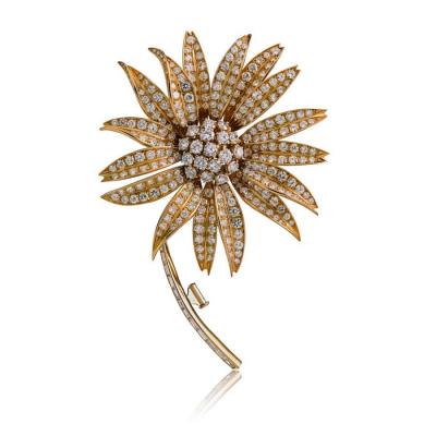 FRENCH 18K YELLOW GOLD 18 00CTS DIAMOND FLOWER WITH A STEM BROOCH