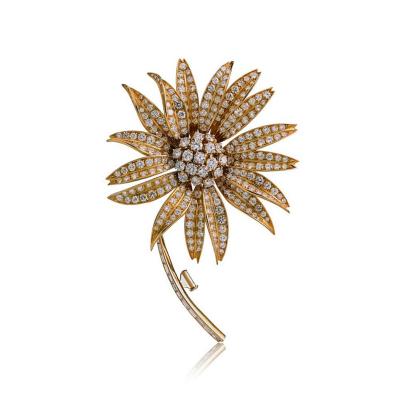FRENCH 18K YELLOW GOLD 18 00CTS DIAMOND FLOWER WITH A STEM BROOCH