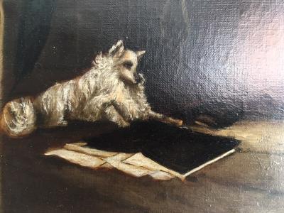 FRENCH 19TH CENTURY PAINTING OF MAN CHILDREN AND DOG IN DETAILED ROOM