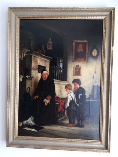 FRENCH 19TH CENTURY PAINTING OF MAN CHILDREN AND DOG IN DETAILED ROOM