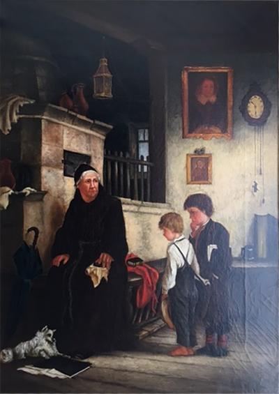 FRENCH 19TH CENTURY PAINTING OF MAN CHILDREN AND DOG IN DETAILED ROOM
