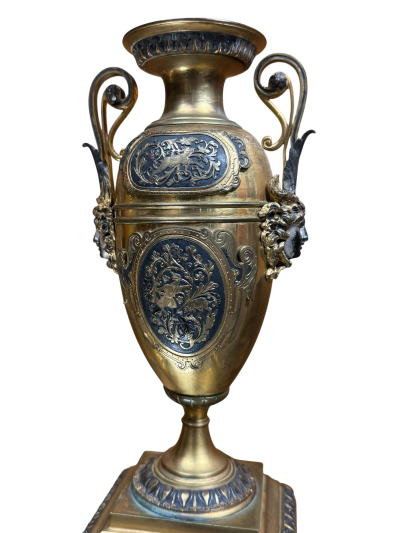 FRENCH 19TH CENTURY SATYR FACE DECORATED BRONZE URNS WITH HANDLES